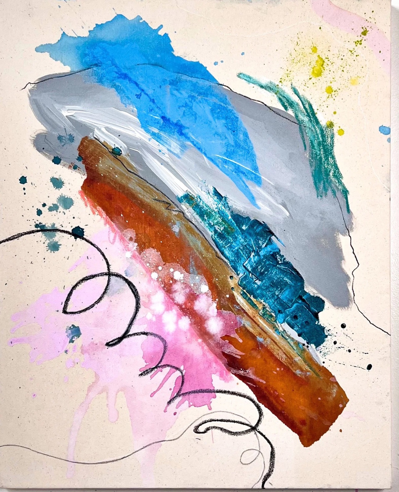 Abstract painting by Brooke Duncan with sky blue, grey, rust and pink on a cream ground