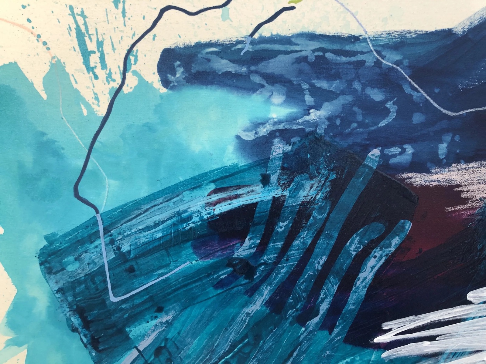 Detail of an abstract painting by Brooke Duncan in teal, navy and white acrylic on cream canvas