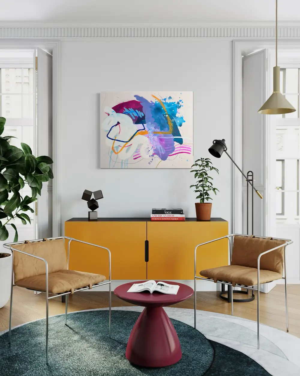 The Shape of Healing above a mustard sideboard in a living room