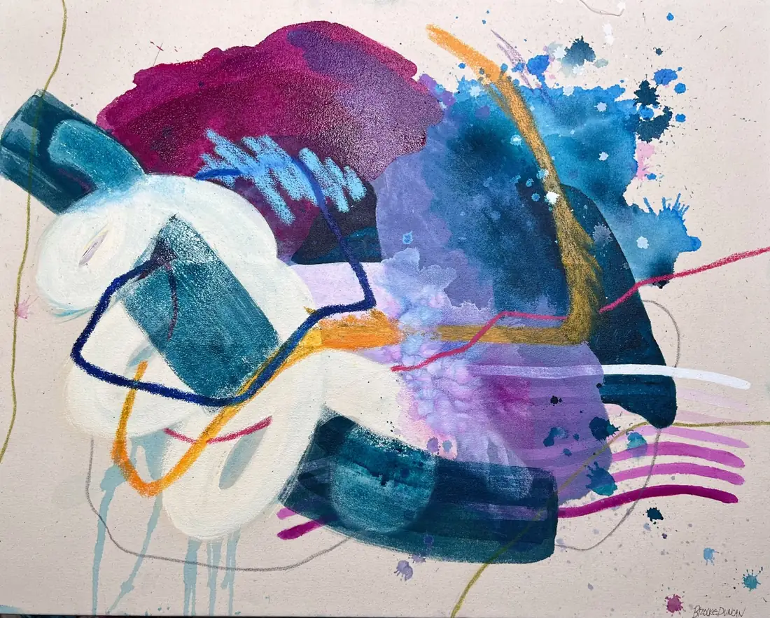 The Shape of Healing, abstract painting by Brooke Duncan: magenta, cobalt, teal and lavender over a cream ground with a white loop and pastel lines